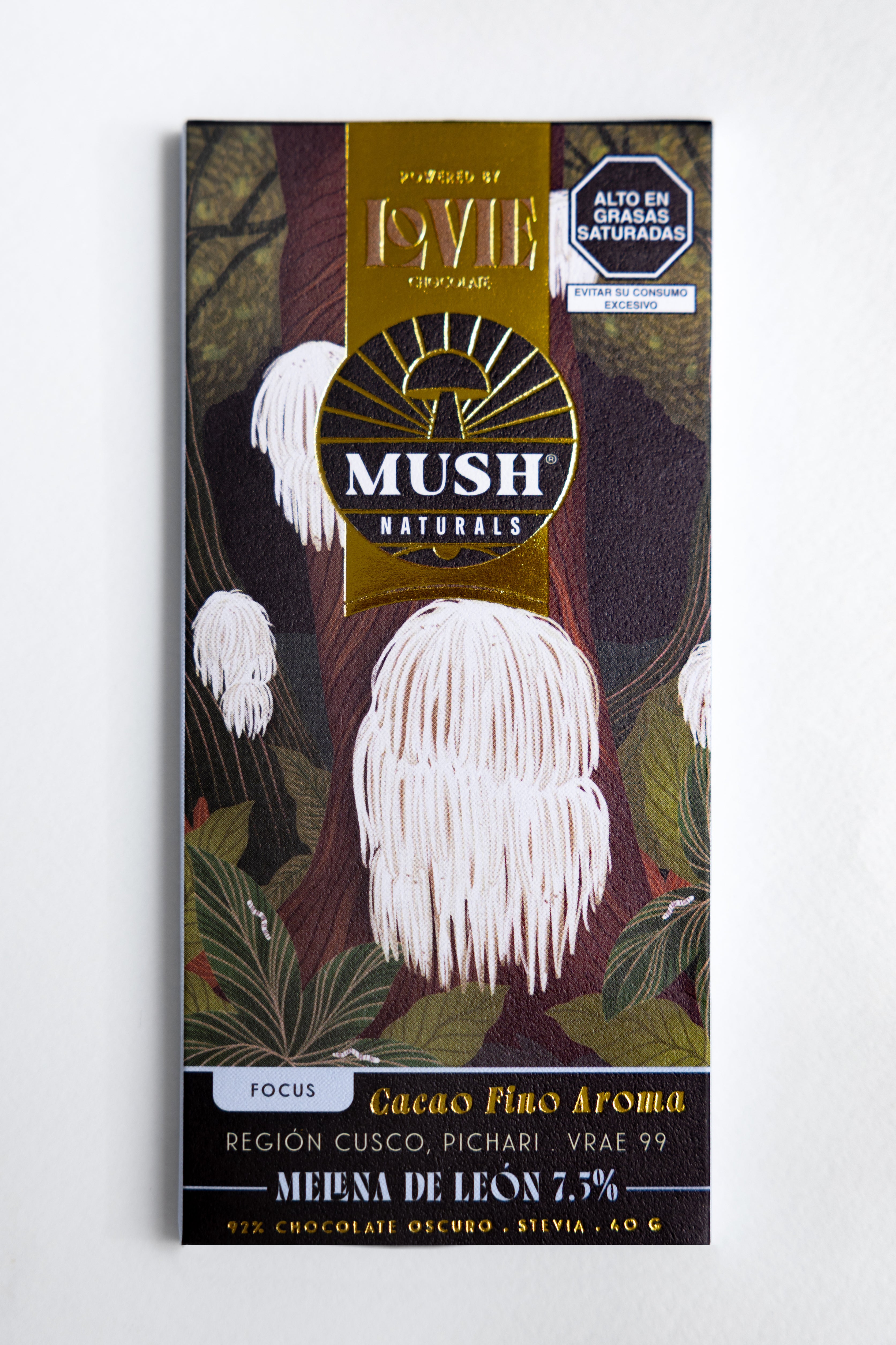 CHOCOLATE MUSH NATURALS 92% CACAO, 7.5% C/MELENA DE LEÓN Y STEVIA X 40 GR