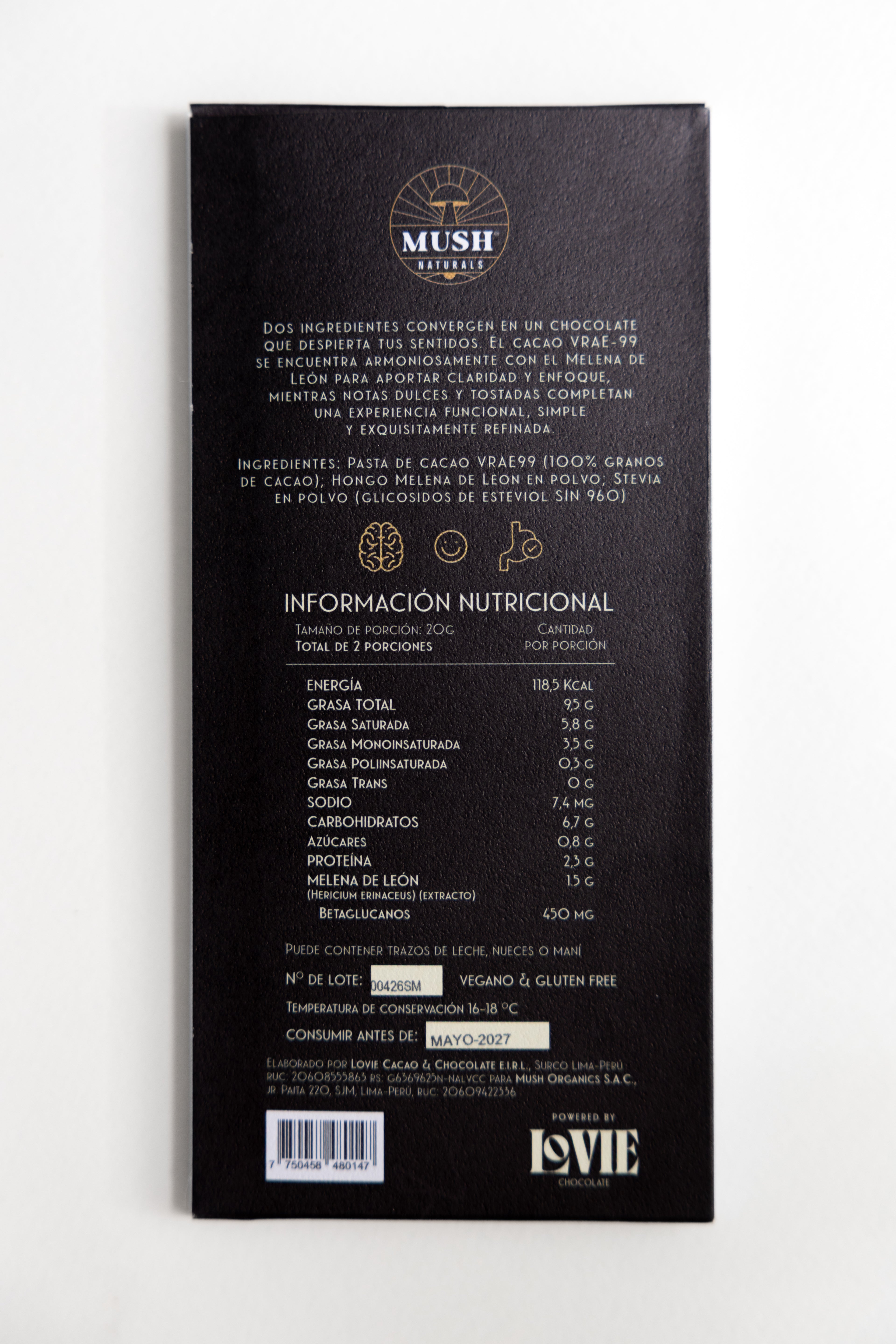 CHOCOLATE MUSH NATURALS 92% CACAO, 7.5% C/MELENA DE LEÓN Y STEVIA X 40 GR