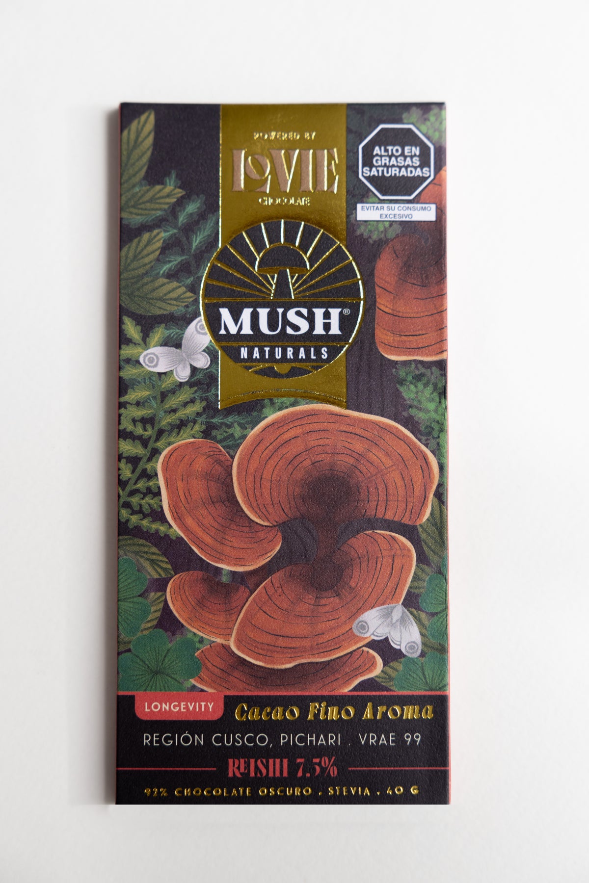 CHOCOLATE MUSH NATURALS 92% CACAO, 7.5% C/REISHI Y STEVIA X 40 GR