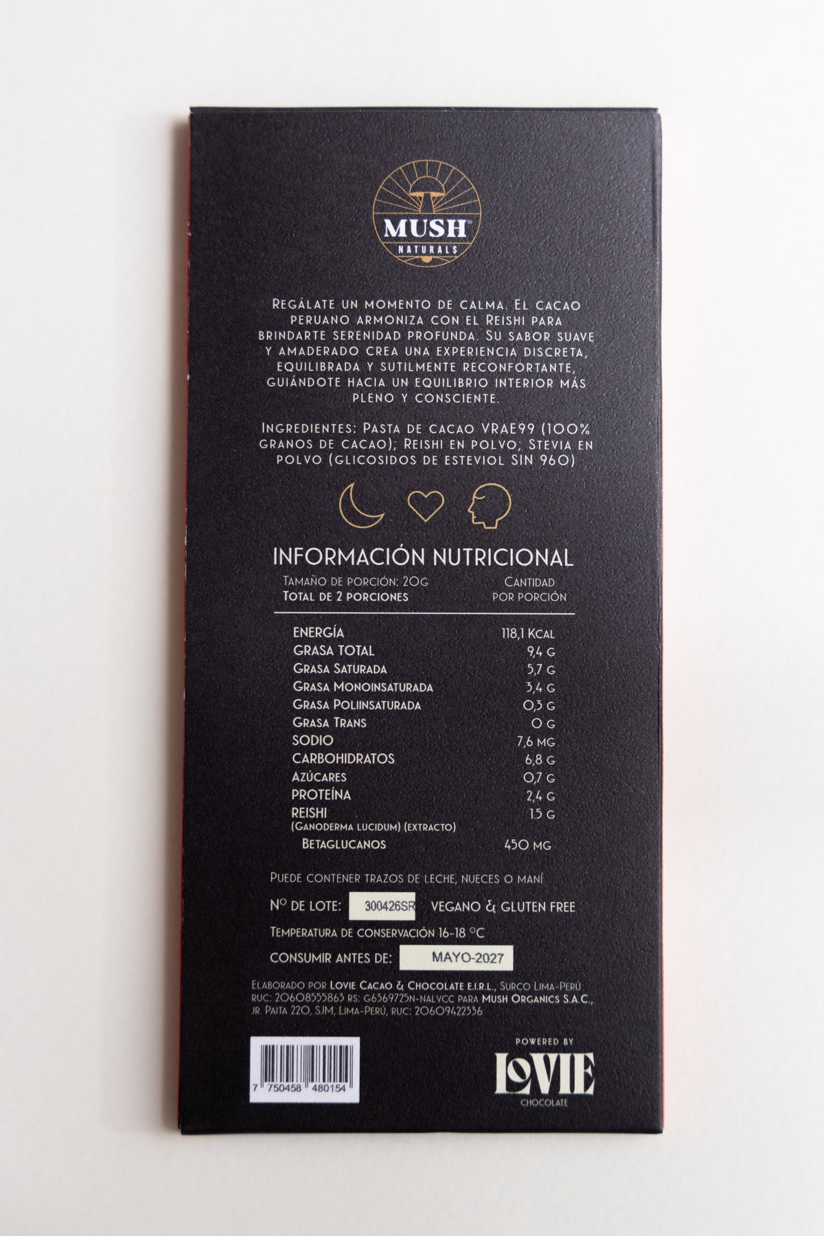 CHOCOLATE MUSH NATURALS 92% CACAO, 7.5% C/REISHI Y STEVIA X 40 GR